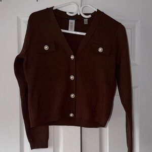 Tahari Brown Cardigan with Pearl Buttons